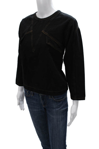 Ba&Sh Women Basic Black Cotton Round Neck 3/4 Sleeve Zip Blouse Size 0
