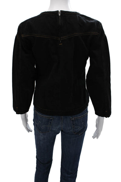 Ba&Sh Women Basic Black Cotton Round Neck 3/4 Sleeve Zip Blouse Size 0