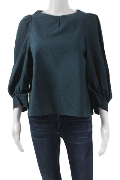 Atlantique Ascoli Women Basic Cotton Round Neck 3/4 Sleeve Blue Blouse Size 1