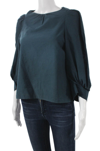 Atlantique Ascoli Women Basic Cotton Round Neck 3/4 Sleeve Blue Blouse Size 1