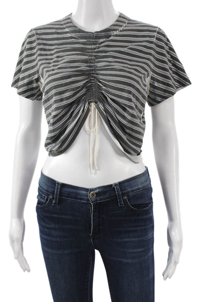 T Alexander Wang Women Gray Cropped V-Neck Striped T-Shirt Short Sleeve Size S