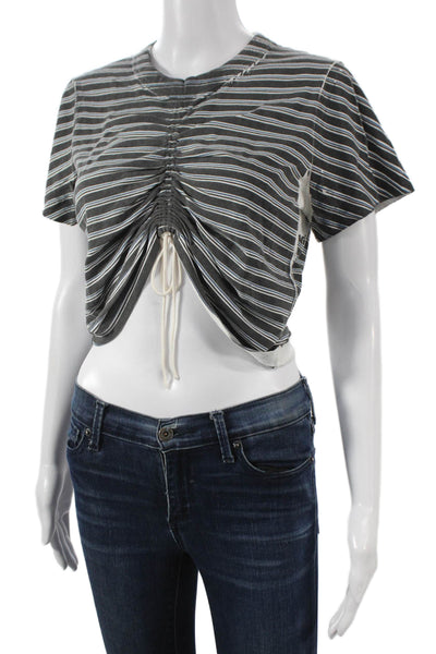 T Alexander Wang Women Gray Cropped V-Neck Striped T-Shirt Short Sleeve Size S