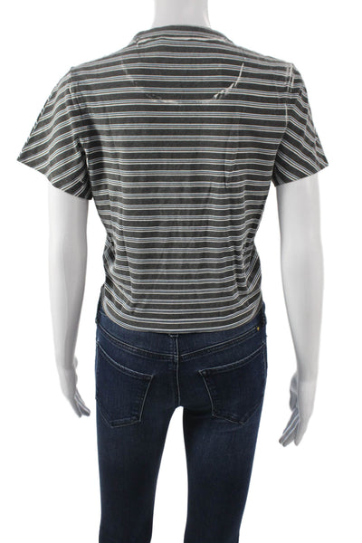 T Alexander Wang Women Gray Cropped V-Neck Striped T-Shirt Short Sleeve Size S