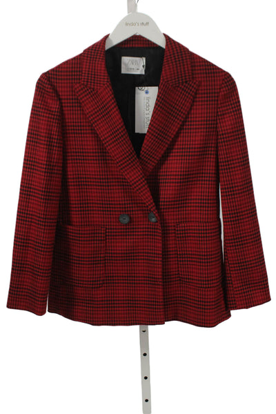 Zara Girls Double Breasted Pointed Lapel Plaid Blazer Jacket Red Black 13-14