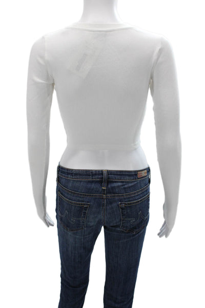 TNA Girls Round Neck Long Sleeves Ribbed Henley T-Shirt White Size 2XS