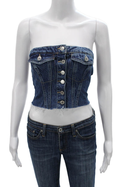 Zara Women Corset Top Blue Cotton Square Neck Button Sleeveless Size S