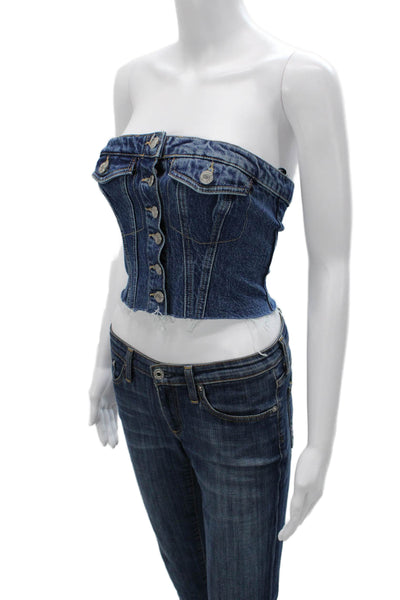 Zara Women Corset Top Blue Cotton Square Neck Button Sleeveless Size S