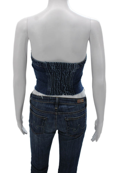 Zara Women Corset Top Blue Cotton Square Neck Button Sleeveless Size S
