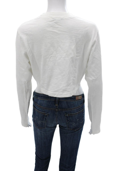 Cotton Citizen Womens Cropped White Crew Neck Long Sleeve T-Shirt Size XS