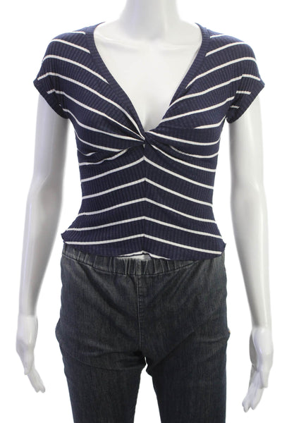 ALC Womens Cropped V Neck Striped Blue Short Sleeve T Shirt Petite Size XS
