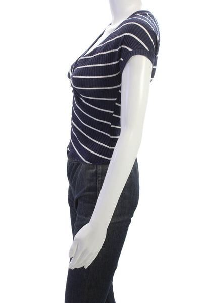 ALC Womens Cropped V Neck Striped Blue Short Sleeve T Shirt Petite Size XS