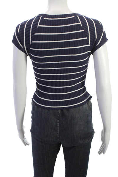ALC Womens Cropped V Neck Striped Blue Short Sleeve T Shirt Petite Size XS
