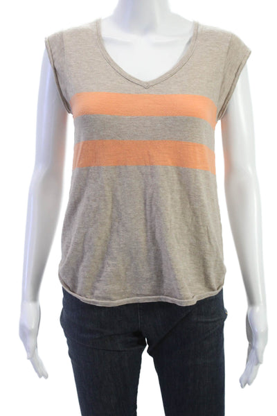 360 Sweater Women Beige Striped V-Neck Cotton Pullover Cap Sleeve Size S