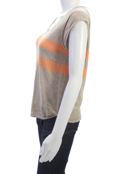 360 Sweater Women Beige Striped V-Neck Cotton Pullover Cap Sleeve Size S