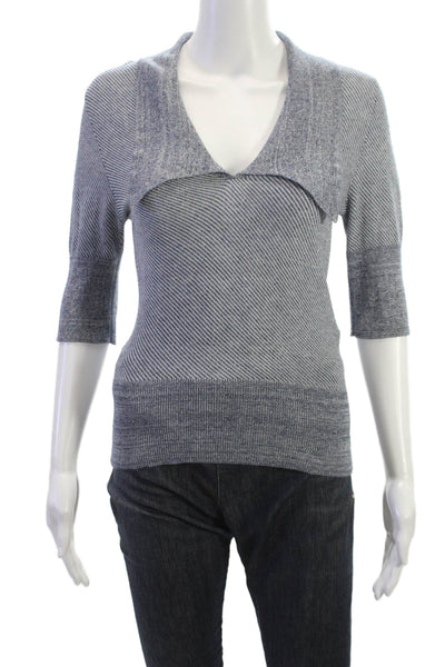 Viktor & Rolf Women Gray Cotton Striped V-Neck 3/4 Sleeve Pullover Size S