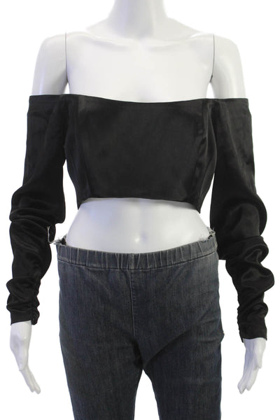 Kimberly Taylor Womens Cropped Satin Off Shoulder Black Long Sleeve Top Size M