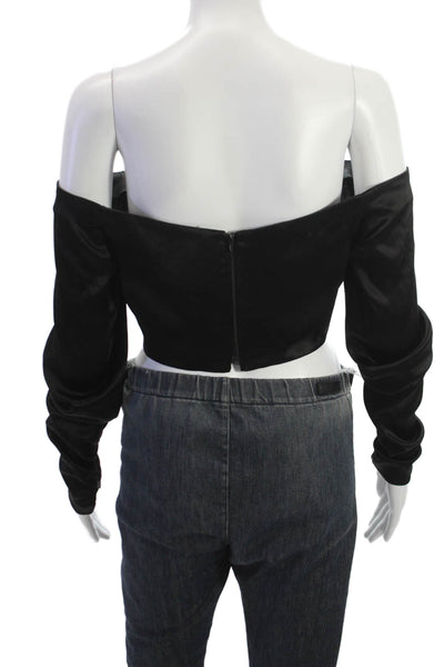 Kimberly Taylor Womens Cropped Satin Off Shoulder Black Long Sleeve Top Size M