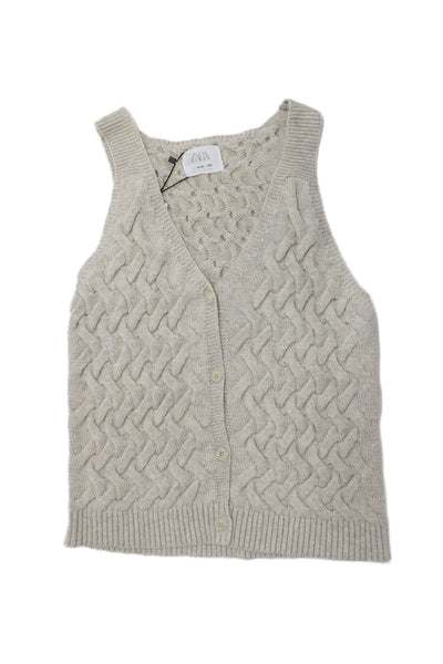 Zara Girls Button Front V Neck Knit Sweater Vest Beige Size 13-14