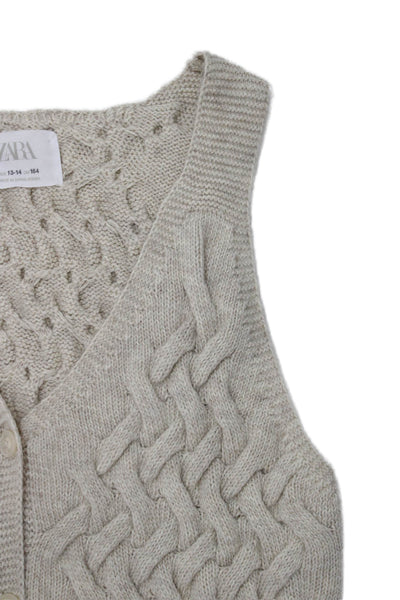 Zara Girls Button Front V Neck Knit Sweater Vest Beige Size 13-14