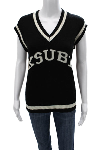 Ksubi Women Vest Sweater Black Striped V-Neck Sleeveless Size XS