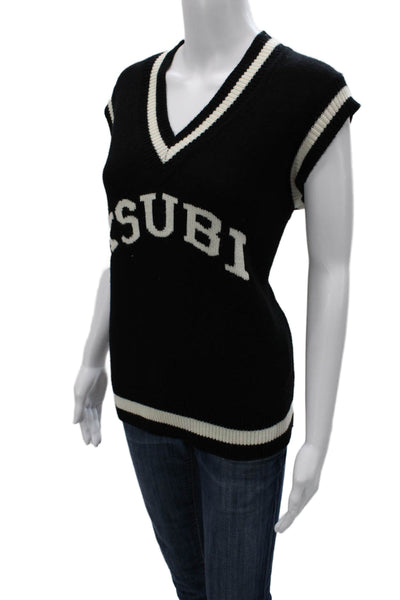 Ksubi Women Vest Sweater Black Striped V-Neck Sleeveless Size XS