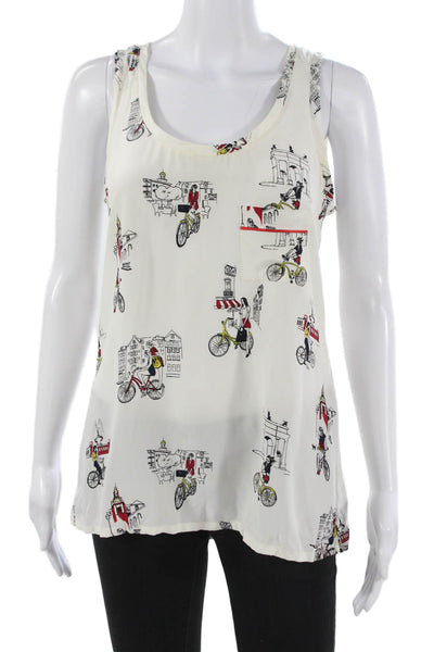 Piamita Womens Silk Scoop Neck Sleeveless Tank Graphic White Size S