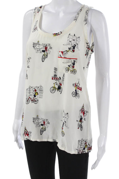 Piamita Womens Silk Scoop Neck Sleeveless Tank Graphic White Size S