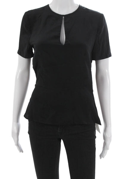 ALC Womens Basic Silk Blouse Black Round Neck Short Sleeve Zip Size 6