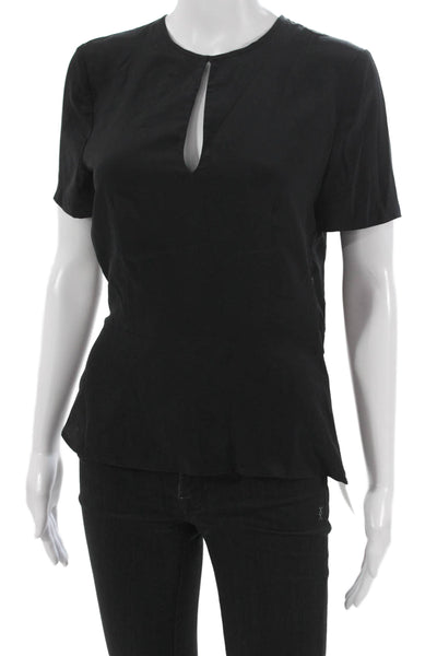 ALC Womens Basic Silk Blouse Black Round Neck Short Sleeve Zip Size 6