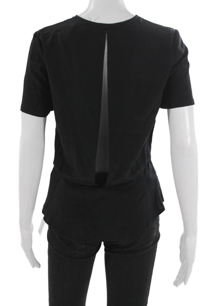 ALC Womens Basic Silk Blouse Black Round Neck Short Sleeve Zip Size 6