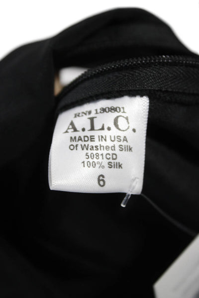 ALC Womens Basic Silk Blouse Black Round Neck Short Sleeve Zip Size 6