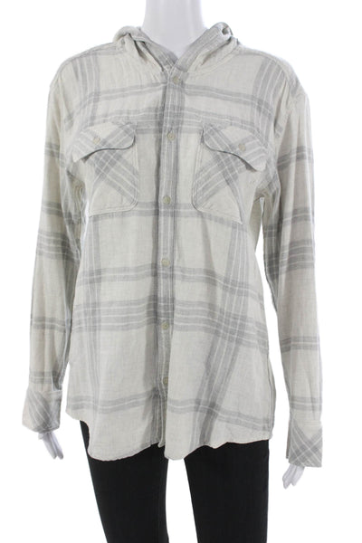 TNA Women Gray Plaid Collared Button Up Cotton Long Sleeve Top Size M