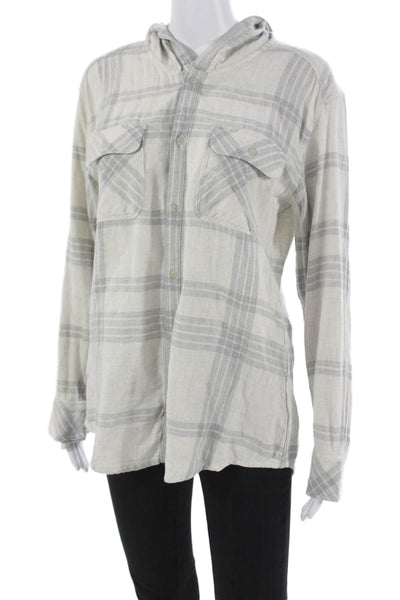 TNA Women Gray Plaid Collared Button Up Cotton Long Sleeve Top Size M