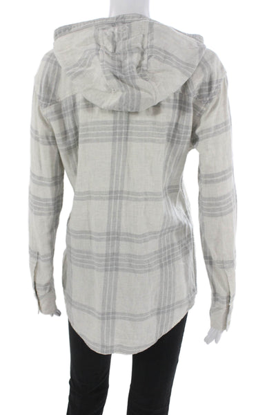 TNA Women Gray Plaid Collared Button Up Cotton Long Sleeve Top Size M