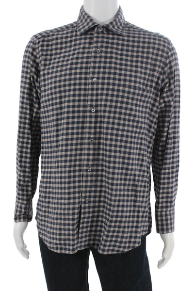 Davide Cenci Mens Plaid Print Long Sleeve Collared Button-Down Shirt Blue Size L