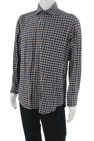 Davide Cenci Mens Plaid Print Long Sleeve Collared Button-Down Shirt Blue Size L