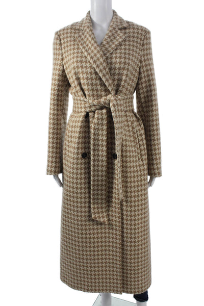 Kiton Women Overcoat Brown Cashmere Check Tie Long Sleeve Size 44