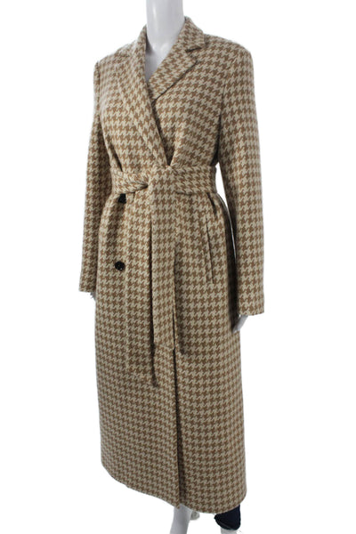 Kiton Women Overcoat Brown Cashmere Check Tie Long Sleeve Size 44
