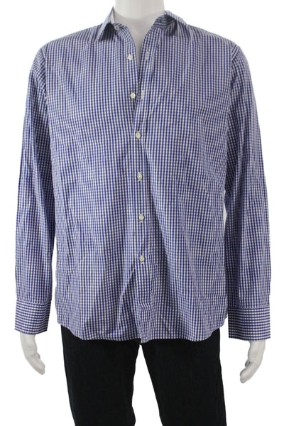 Peter Elliot Mens Button Front Long Sleeve Collared Gingham Shirt Blue White 20
