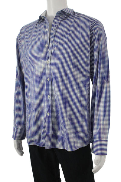 Peter Elliot Mens Button Front Long Sleeve Collared Gingham Shirt Blue White 20