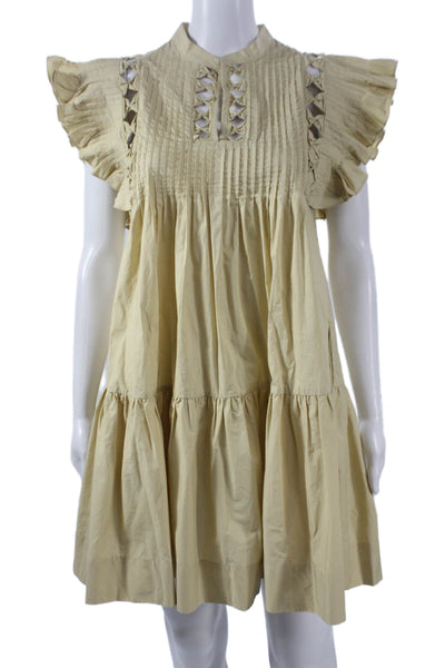 Sea Women Trapeze Swing Dress Beige Cotton High Neck Short Sleeve Size XS