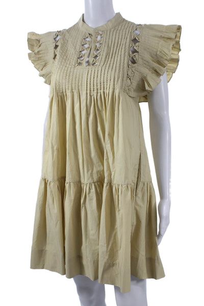 Sea Women Trapeze Swing Dress Beige Cotton High Neck Short Sleeve Size XS
