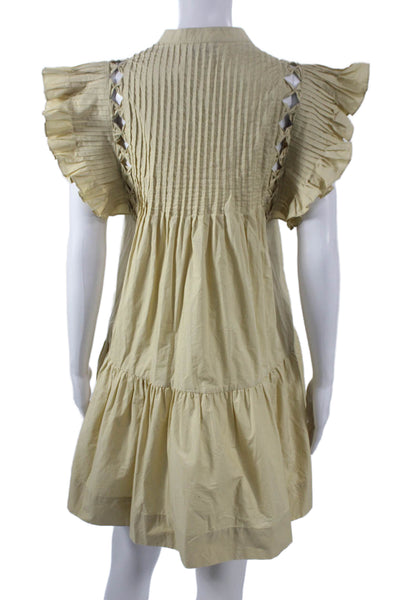Sea Women Trapeze Swing Dress Beige Cotton High Neck Short Sleeve Size XS