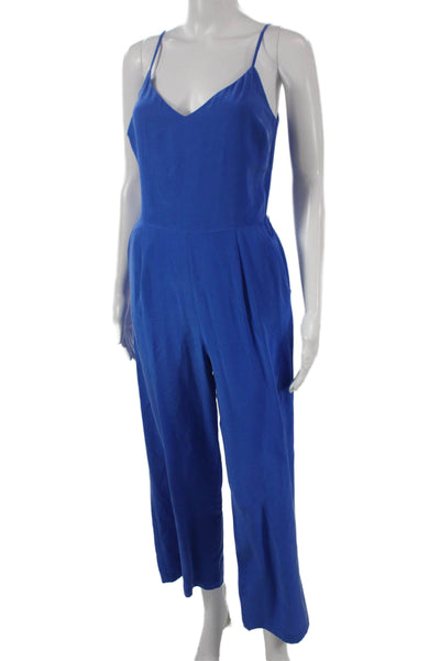 L'Agence Women Silk Sleeveless V-Neck Zip Jumpsuit Blue Size 0