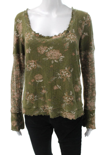 We The Free Women Green Floral Scoop Neck Long Sleeve Basic T-Shirt Size M