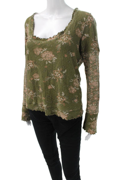 We The Free Women Green Floral Scoop Neck Long Sleeve Basic T-Shirt Size M