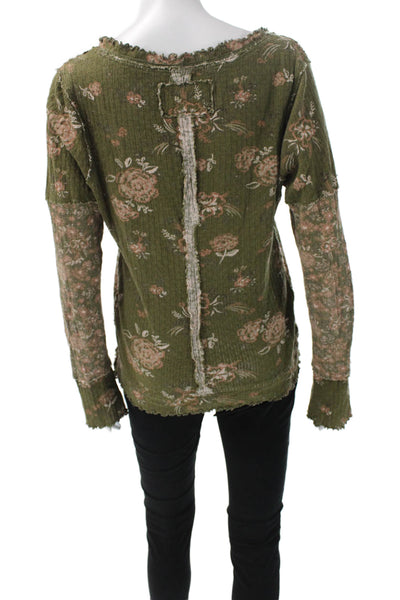 We The Free Women Green Floral Scoop Neck Long Sleeve Basic T-Shirt Size M
