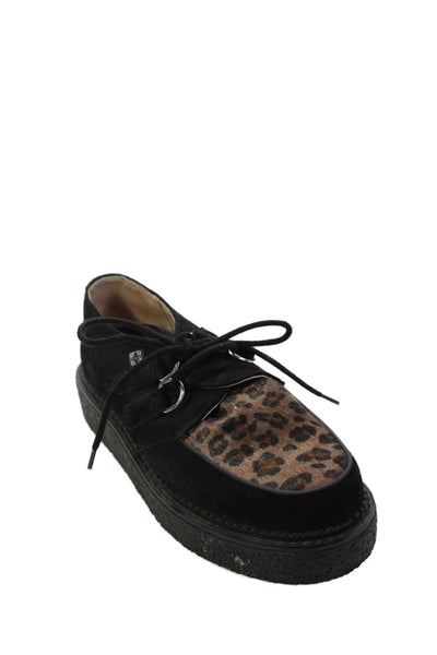 TUK Womens Leopard Print Suede Lace Up Platform Heels Shoes Black Brown Size 6M