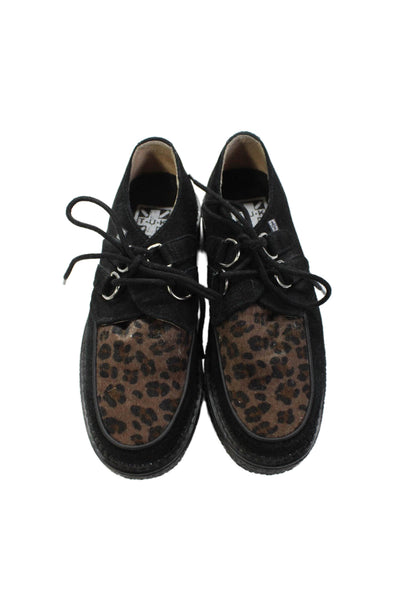 TUK Womens Leopard Print Suede Lace Up Platform Heels Shoes Black Brown Size 6M