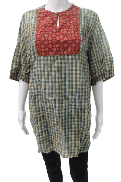 Gucci Women Multicolor Linen Plaid Tunic Blouse Short Sleeve Round Neck Size 46